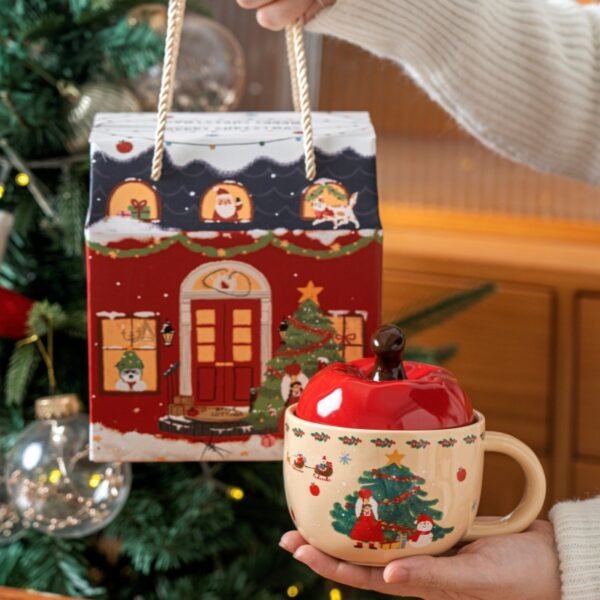 Apple-Shaped Ceramic Mug with Lid and Spoon — Perfect Christmas Eve Gift